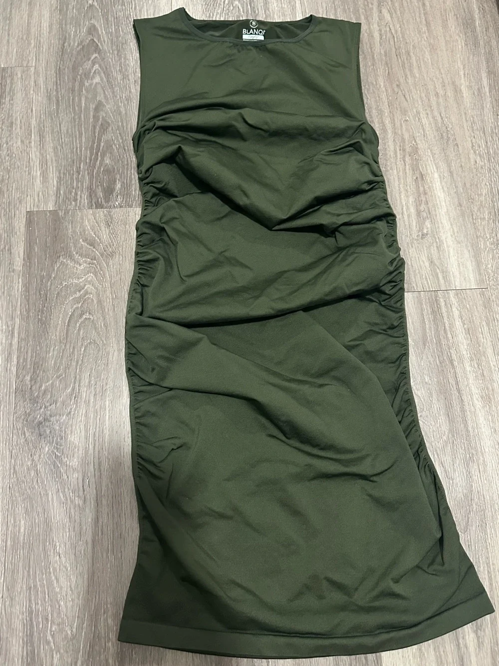 BLANQI Olive Sleeveless Ruched Midi Dress